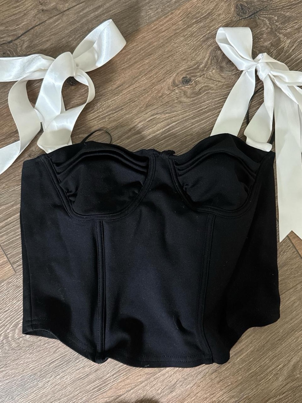 American Threads Black Bustier Top with White Ribbon Straps